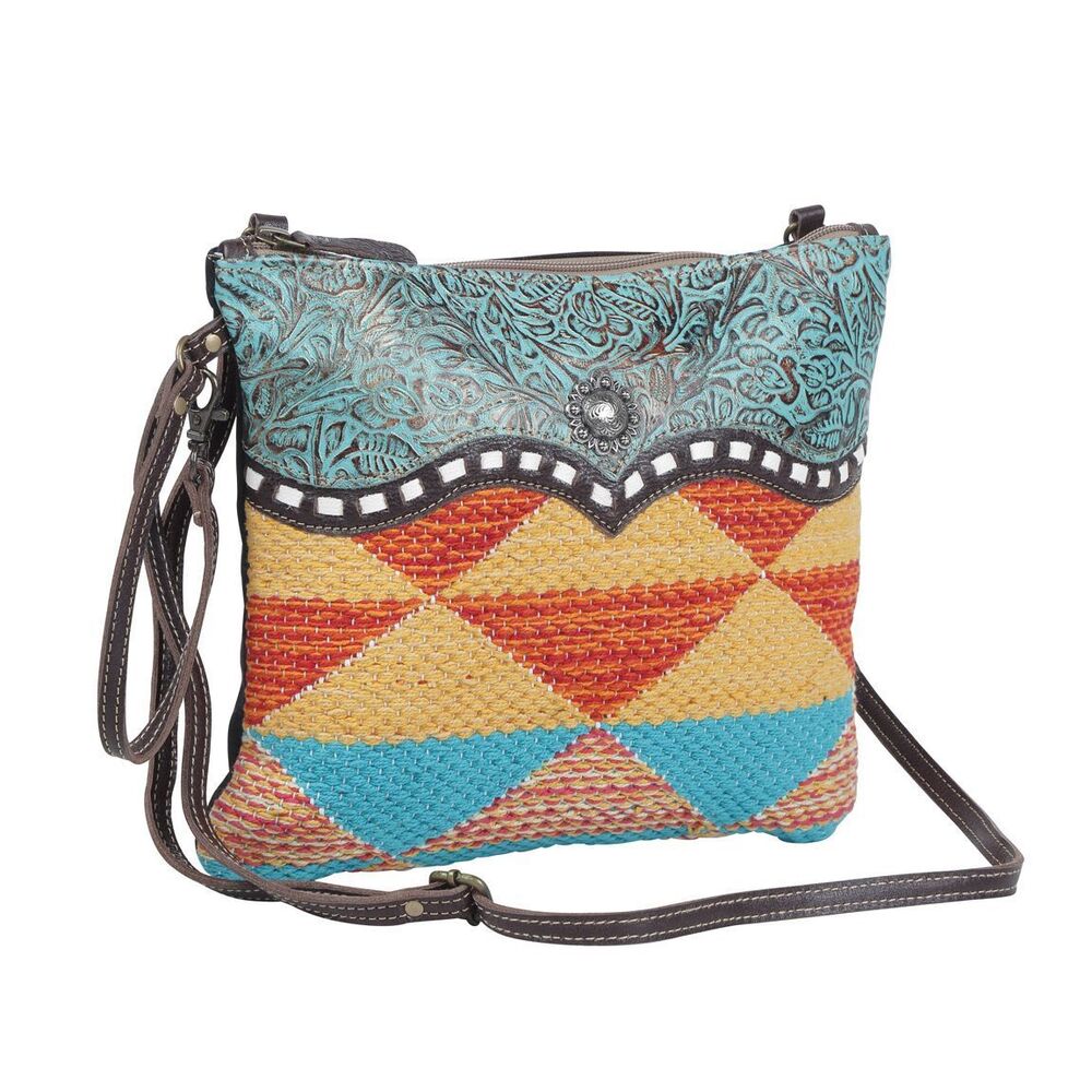 Myra Bag Handmade Xantho Small Crossbody Bag Upcycled Canvas & Cowhide Leather - Picture 3 of 10